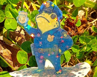 Sparkling Holographic Frog Police Sticker UV/WEATHERPROOF & WATERPROOF outdoor/indoor*Hand Cut*
