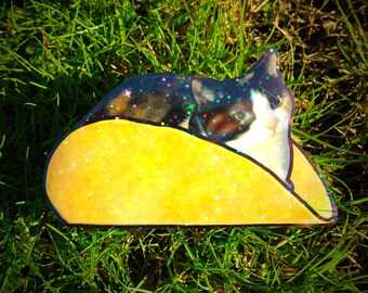 Holographic Sticker ~ Taco Cat Sticker UV/WEATHERPROOF & WATERPROOF outdoor/indoor*Hand Cut*