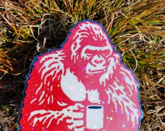 Holographic Sticker ~ Gorilla Coffee Sticker UV/WEATHERPROOF & WATERPROOF outdoor/indoor*Hand Cut*