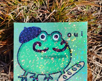 Holographic Sticker ~ French Frog Sticker UV/WEATHERPROOF & WATERPROOF outdoor/indoor*Hand Cut*