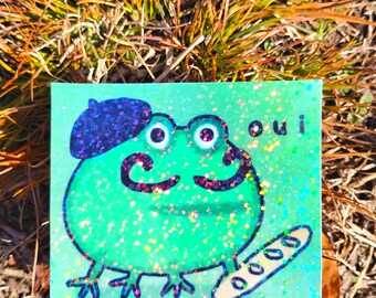 Holographic Sticker ~ French Frog Sticker UV/WEATHERPROOF & WATERPROOF outdoor/indoor*Hand Cut*