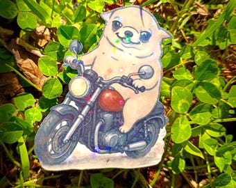Sparkling Holographic Motorcycle Chihuahua Sticker UV/WEATHERPROOF & WATERPROOF outdoor/indoor*Hand Cut*
