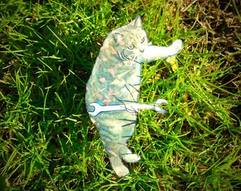 Holographic Sticker ~ Mechanic Cat Sticker UV/WEATHERPROOF & WATERPROOF outdoor/indoor*Hand Cut*