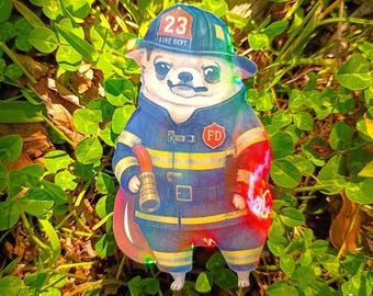 Sparkling Holographic Fire Fighter Chihuahua Sticker UV/WEATHERPROOF & WATERPROOF outdoor/indoor*Hand Cut*