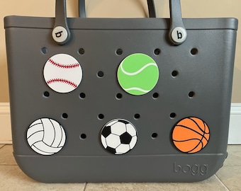 Sports Bogg Bag Charms | Various sports themed Bogg Bag tags and charms | Soccer, baseball, basketball, volleyball, tennis bag charms
