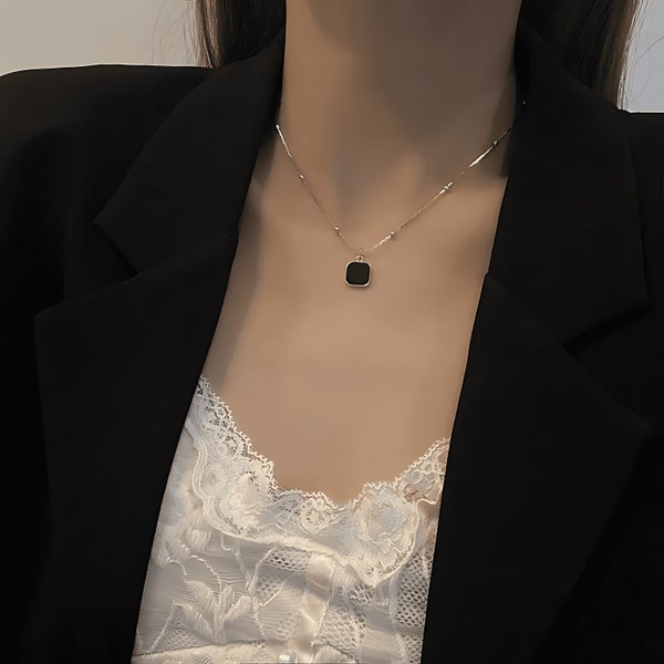 Stainless Steel Necklace Black Exquisite Minimalist Square Pendant Choker Chains Fashion Necklace For Women