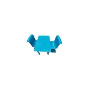 May include: A bright cyan miniature dining set consisting of a rectangular table with four legs and two matching chairs with curved backrests. The furniture pieces feature a smooth, solid-colored finish and are arranged in a compact configuration.