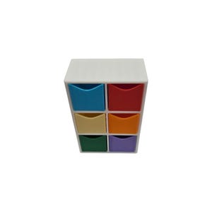 May include: A white desktop storage organizer featuring six small drawers arranged in two columns. Each drawer has a distinct color: blue, red, yellow, orange, green, and purple. The unit has a rectangular frame with a flat top surface.