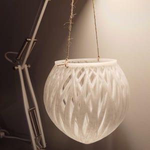 Può includere: Un vaso da fiori bianco sospeso stampato in 3D con un design intrecciato. Il vaso è sospeso da due pezzi di spago.