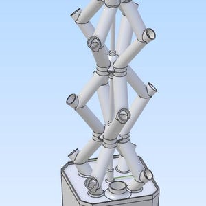 May include: A white, geometric structure with a square base and a complex lattice design. The structure features multiple cylindrical pipes connected at various angles, creating a visually intricate pattern. The top has a flower-like shape.