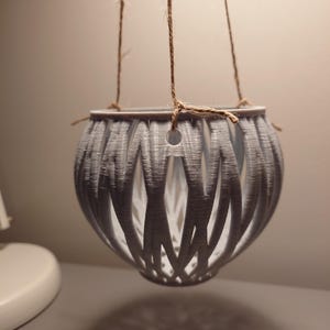 Può includere: Un vaso sospeso bianco in plastica intrecciata con un gancio in corda. Il vaso è rotondo e ha un foro sul fondo per il drenaggio.