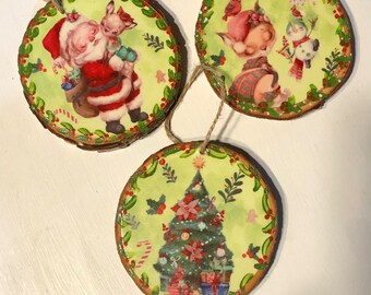 Set of 3 Glow in the Dark vintage look Christmas ornaments, wooden ornaments, handmade