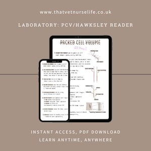 Op de afbeelding: Een smartphone en tablet met veterinaire medische aantekeningen op een bruine achtergrond. De tablet toont aantekeningen over "Packed Cell Volume". De tekst op de afbeelding bevat "Directe toegang, PDF download" en "Leer altijd en overal".