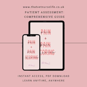Puede incluir: Ilustración digital con un smartphone y una tableta sobre un fondo rosa. Las pantallas muestran las palabras "Pain + Pain Scoring" en escritura a mano. El texto "Patient Assessment: Comprehensive Guide" es visible.