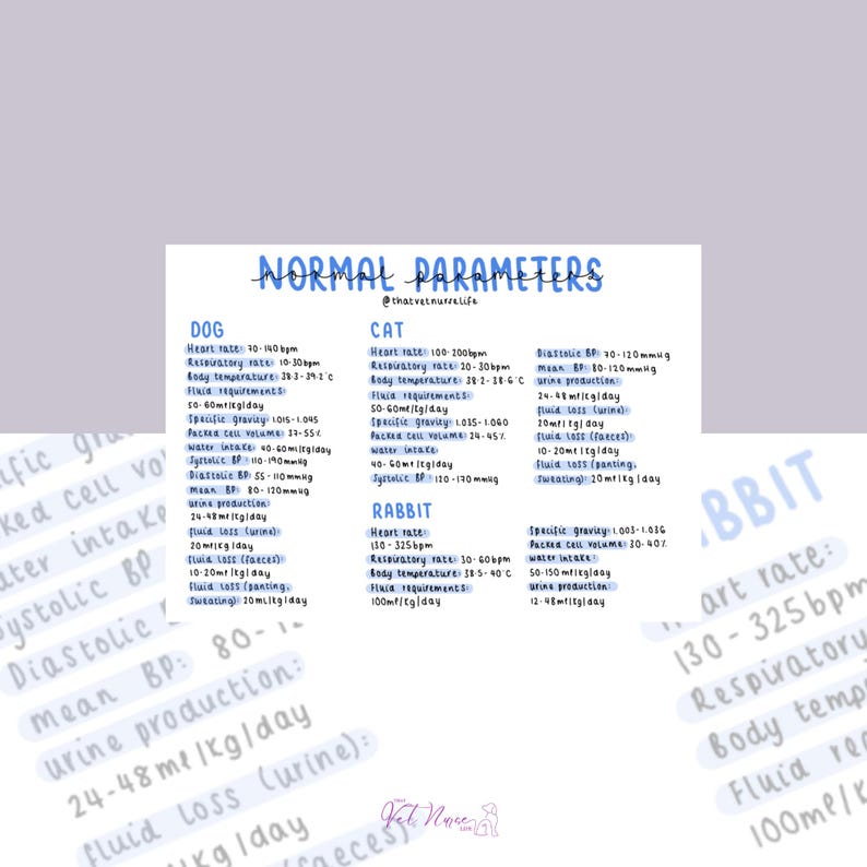Veterinary Normal Parameters Poster: Dog, Cat, Rabbit Vital Signs (A4 ...