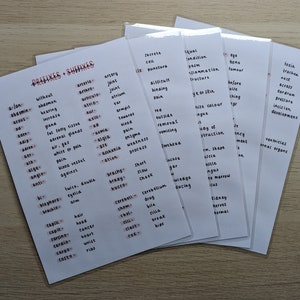 May include: A set of white flashcards with black handwritten text. The flashcards list prefixes and suffixes with their meanings. The flashcards are stacked on top of each other.