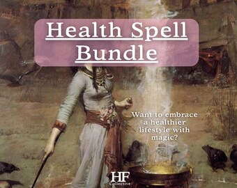 May include: An image with the text "Health Spell Bundle" over a painting of a woman in a long dress. The image includes the text "Want to embrace a healthier lifestyle with magic?" and the logo "HF Collective".