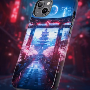 Cyberpunk Phone Case – Futuristic japan,Scifi torii gate,Cherry Blossoms,Neon Sci-Fi Aesthetic Cover for iPhone & Samsung, high-tech gift