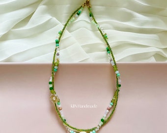 Green double layer necklace with freshwater pearl