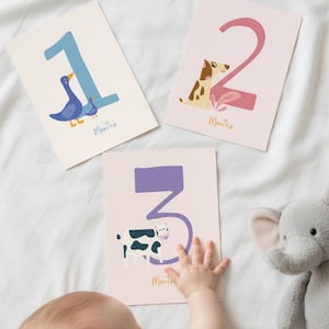Può includere: Set di tre biglietti per le tappe fondamentali del bambino. Ogni biglietto presenta un numero grande e un'illustrazione di animali: un'oca blu, un cane e una mucca. I biglietti sono in colori pastello con la parola "Months" stampata su ciascuno.