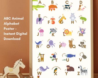 Digitale Alfabet Dieren Poster – Schattige & educatieve ABC muurkunst voor kinderkamers, peuterkamers en klaslokalen – Directe download