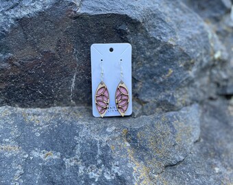 Wooden Flower Dangle Earring with Faux Leather Backdrop