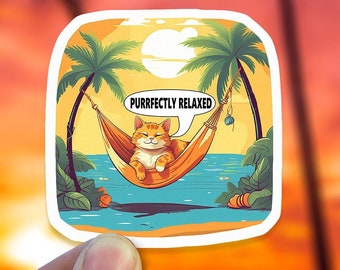 Cute Beach Cat Sticker // Purrfecty Relaxed // 2.5"// Glossy // Die-cut // Laminated Waterproof Sticker