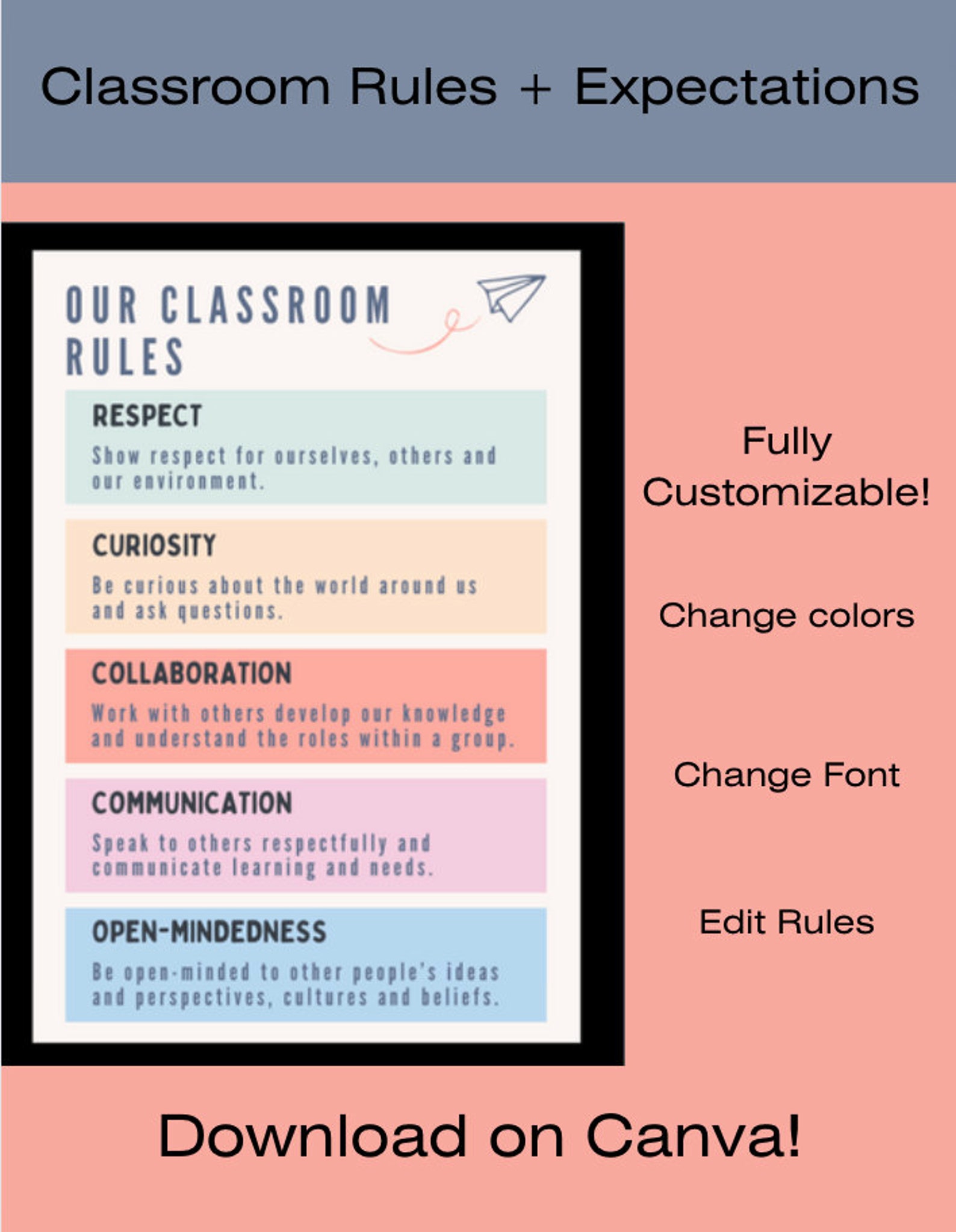 Classroom Rules Editable Template, Classroom Decor, Class Expectations