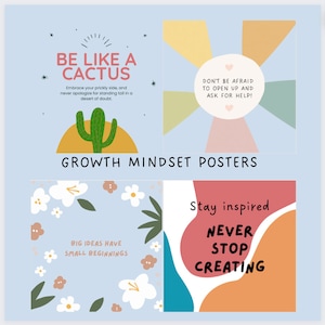 Growth Mindset Editable Classroom Printable Posters, Modern Boho Classroom Decor, Classroom Posters