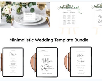 Peut inclure: Un ensemble de modèles de mariage minimalistes pour une cérémonie et une réception de mariage. Les modèles comprennent une invitation de mariage, un plan de table, un numéro de table et un menu. Les modèles sont conçus dans un style simple et élégant avec un fond blanc et du texte noir.