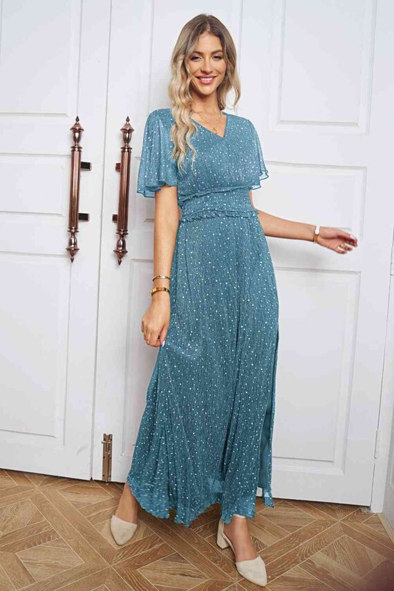 v neck high slit dress V-Neck Long Prom Dress with Double-Slit A-Line Skirt Paris Blue / Large main image 0
