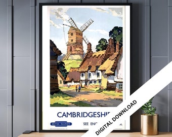 Póster de viaje vintage de Cambridgeshire: Impresión artística retro (descarga digital)