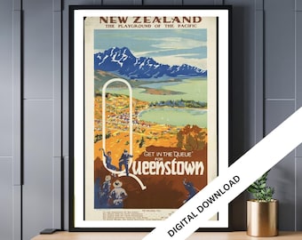New Zealand Travel Poster: Vintage Queenstown Art Print (Digital Download)
