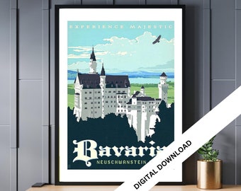 Bavaria, Vintage Travel Posters Digital Download, Retro Art Prints, Wall Decor, Home Office Decor, Instant Download, 20cm x 30cm