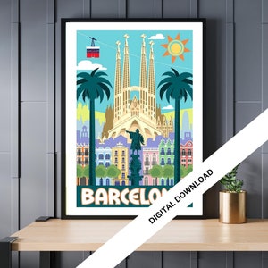 Barcelona, pósteres de viajes vintage, impresiones de arte retro, decoración de pared, decoración de oficina, descarga instantánea, 20 cm x 30 cm