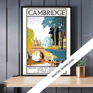Cambridge, Vintage Reise Poster digitaler Download, Retro Kunstdrucke, Wand-Dekor, Home-Office-Dekor, Instant Download, 20cm x 30cm