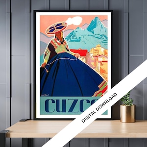 Cuzco, Vintage Reise Poster digitaler Download, Retro Kunstdrucke, Wand-Dekor, Home-Office-Dekor, Instant Download, 20cm x 30cm