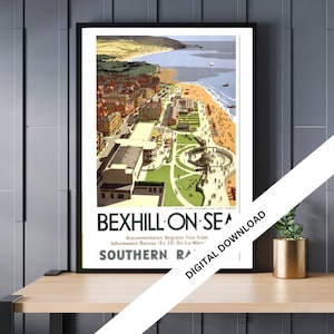 Bexhill-on-Sea, Vintage Travel Posters Digital Download, Retro Art Prints, Wall Decor, Home Office Decor, Instant Download, 20cm x 30cm