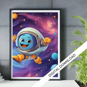 Decoración de habitación para niños, Arte de pared para niños Starry the Space Explorer, Impresión de dibujos animados, Decoración de guardería, Póster infantil, Arte de pared para niños 45 cm x 60 cm