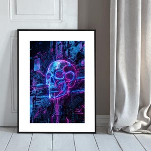May include: A framed art print showcasing a neon skull design. The skull is illuminated with bright pink and blue, set against a dark, futuristic background resembling circuit boards. The print is presented in a black frame.