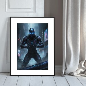 May include: Framed artwork showing a futuristic figure in a dark suit with glowing blue details. The image presents a sci-fi scene with a city backdrop, evoking a sense of advanced technology and a cyberpunk aesthetic.