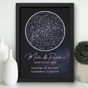 Carte des étoiles personnalisée, cadeau d'anniversaire avec impression de carte des étoiles, étoiles la nuit où nous nous sommes rencontrés, affiche de carte des étoiles, carte des étoiles par date, cadeau de 1er anniversaire.