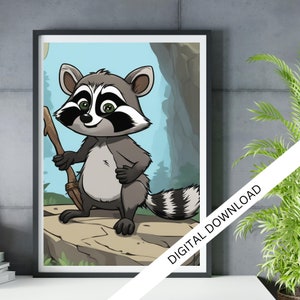Decoración de habitación para niños, Arte de pared para niños de Rocky the Adventure Raccoon, Impresión de dibujos animados, Decoración de guardería, Póster infantil, Arte de pared para niños 45 cm x 60 cm