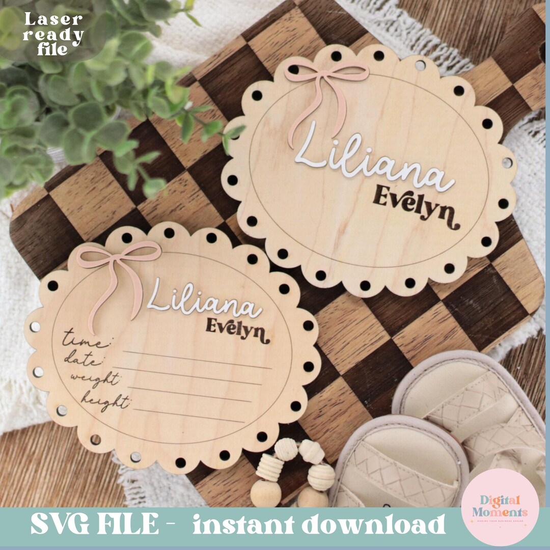 SVG Bow Scalloped Baby Name Sign, Name Announcement, Birth Stats Sign ...