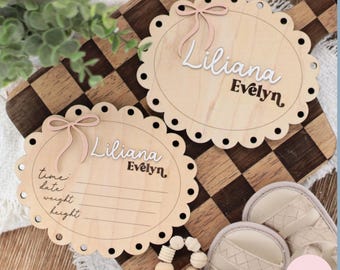 SVG Bow Scalloped Baby Name Sign, Name Announcement, Birth Stats Sign, Baby Photo Prop, Laser Cut File, Digital Download, Newborn