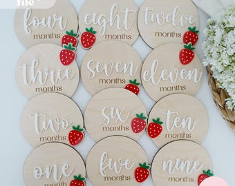 Baby Monthly Milestone Cards Svg, Baby Months Sign Svg, Babyshower Gift Svg, Strawberry Baby Photo Prop Svg, Personalized Baby Milestone Svg