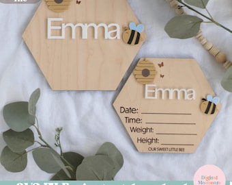 Bee Name Sign Svg, Baby Announcement, Girl, Stats, Neutral, Laser Cut File, Digital Download