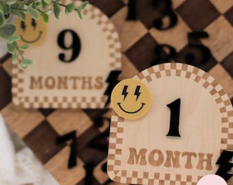 SVG Checkered Monthly Milestones Sign, Baby Milestones Cards, Photo Props, Months Keepsakes, Digital Download, Laser File