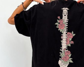 Skeleton Spine T-Shirt, Anatomy Shirt, Punk Grunge Tee, Elder Emo TShirt, Black Rocker Tee, Oversized TShirts, Comfort Colors