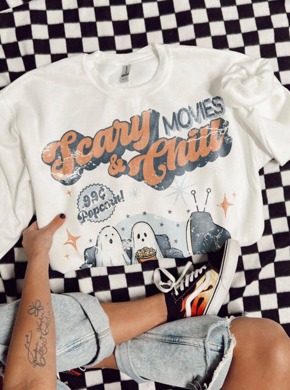 Scary Movies and Chill Halloween Shirt, vintage inspired trendy Halloween graphic tee, women mom Halloween tee
